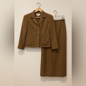 Talbots Petites 100% Pure Silk Blazer and Skirt Suit Set Brown Size 2